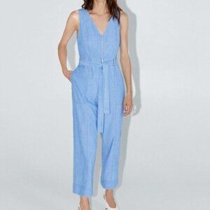 Zara Denim Wide Leg Tie Waist Jumpsuit Light Blue Size Small